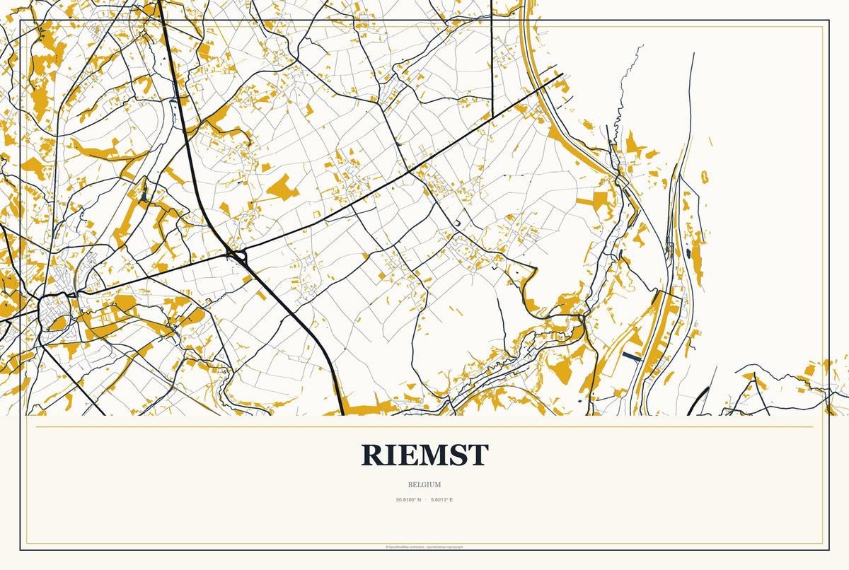 Riemst, Belgium City Map Aluminum Sign in Citrine Modern style