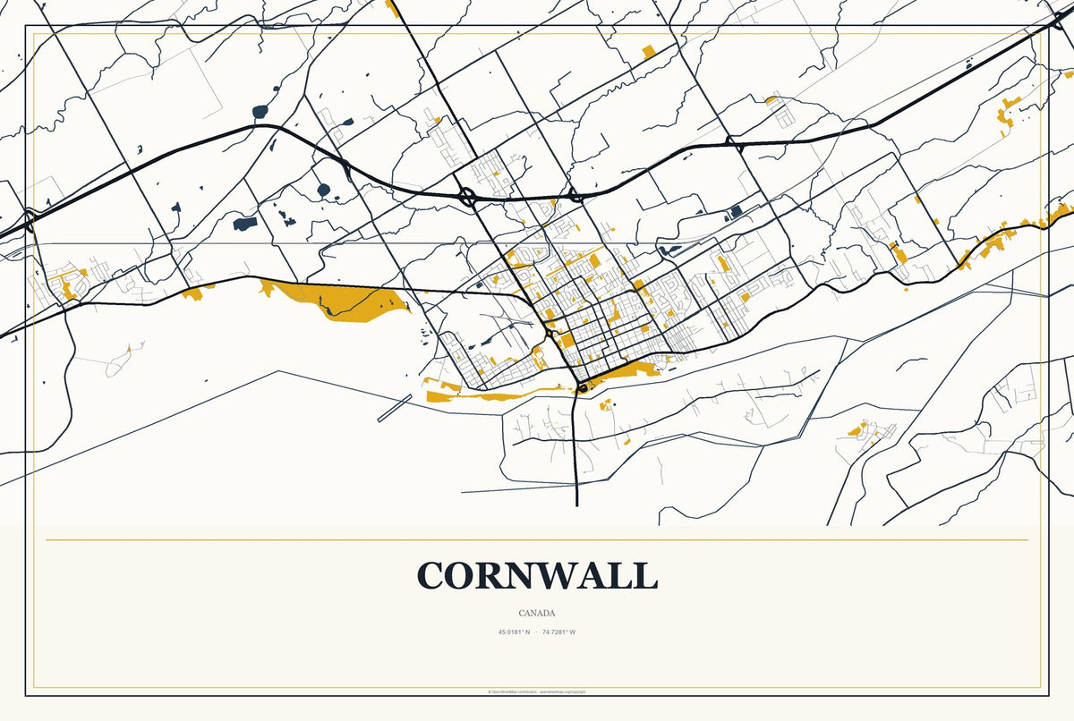 Cornwall, Canada City Map Aluminum Sign in Citrine Modern style
