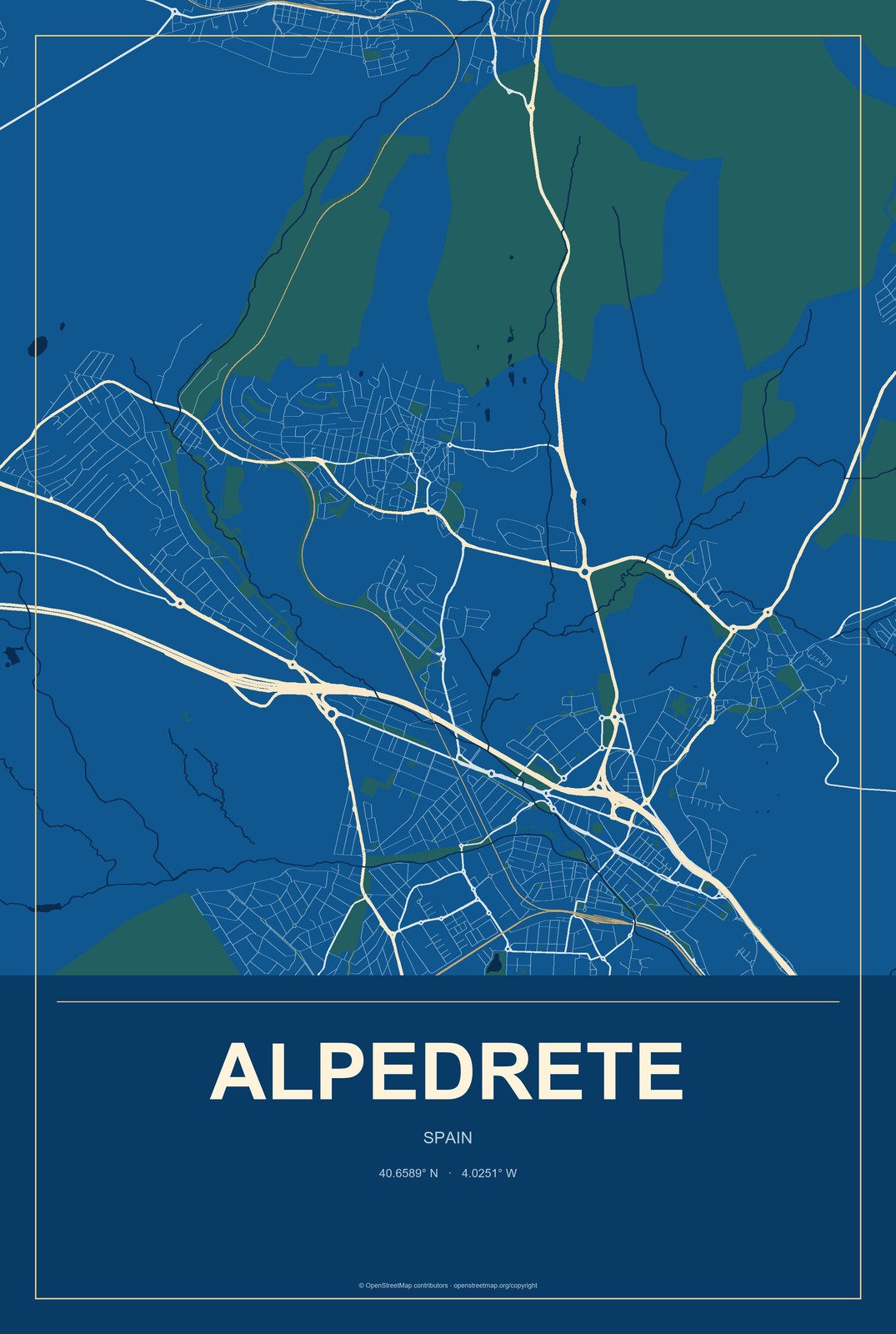 Alpedrete, Spain City Map Aluminum Sign in Harbor Cobalt style