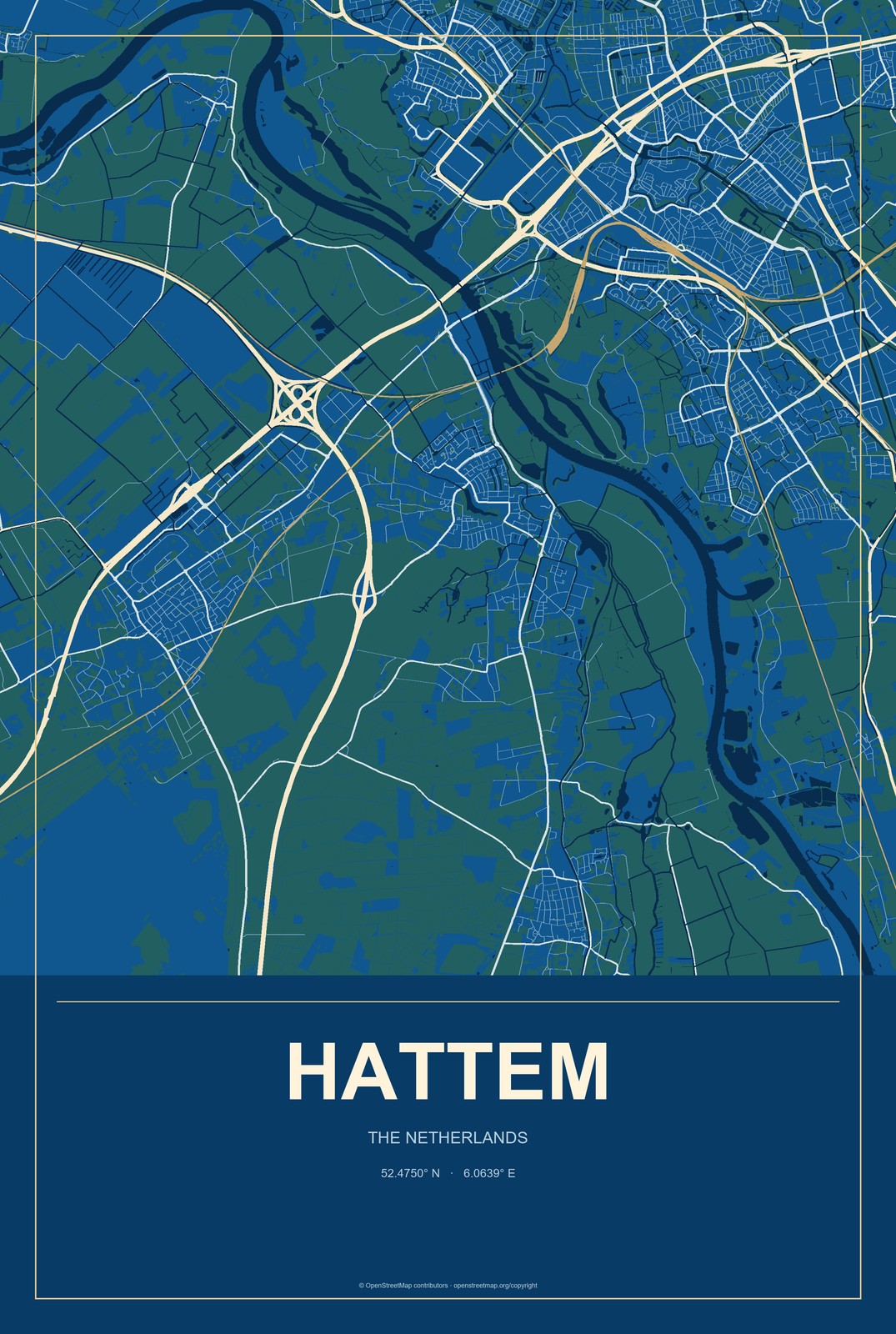 Hattem, The Netherlands City Map Aluminum Sign in Harbor Cobalt style