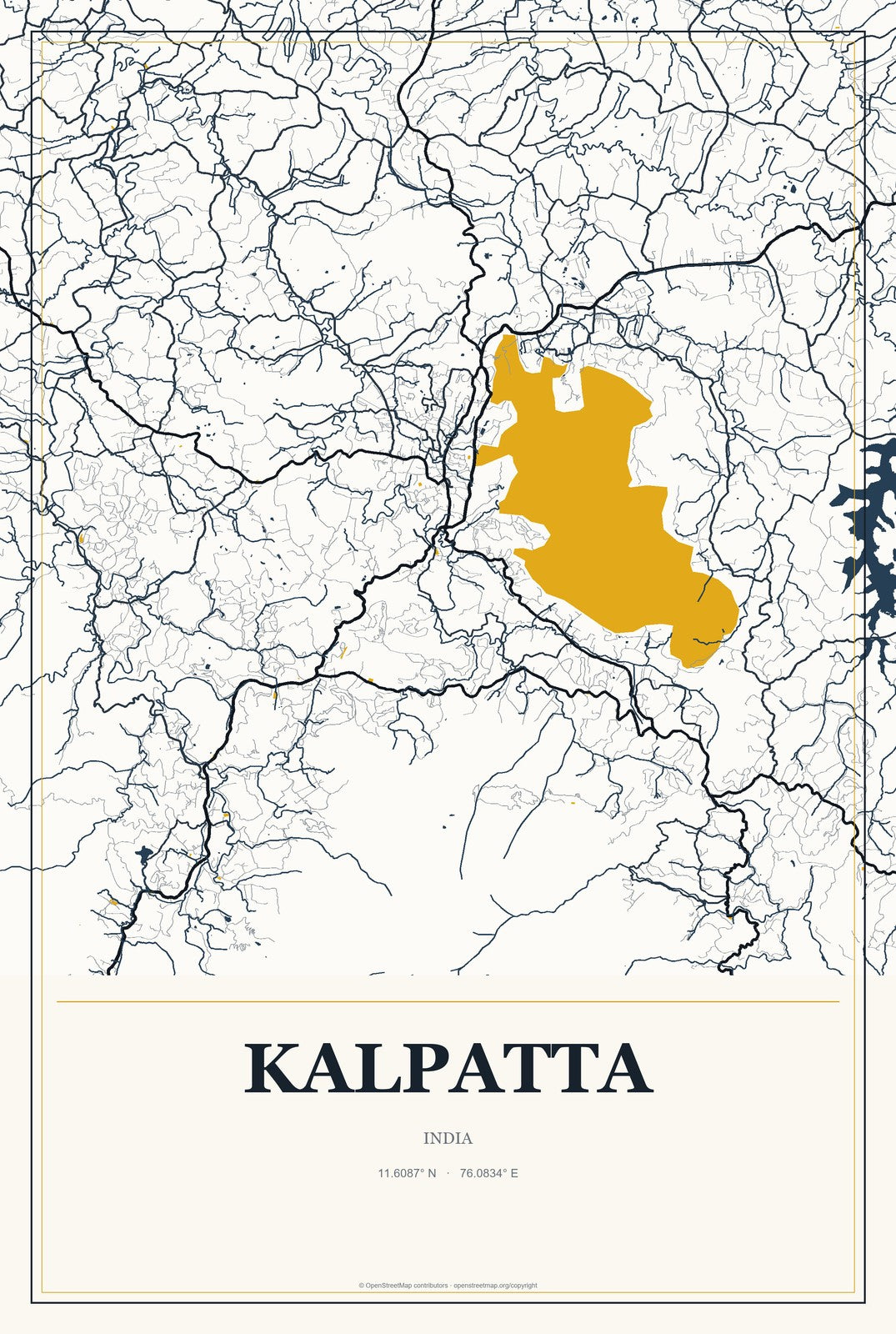 Kalpatta, India City Map Aluminum Sign in Citrine Modern style