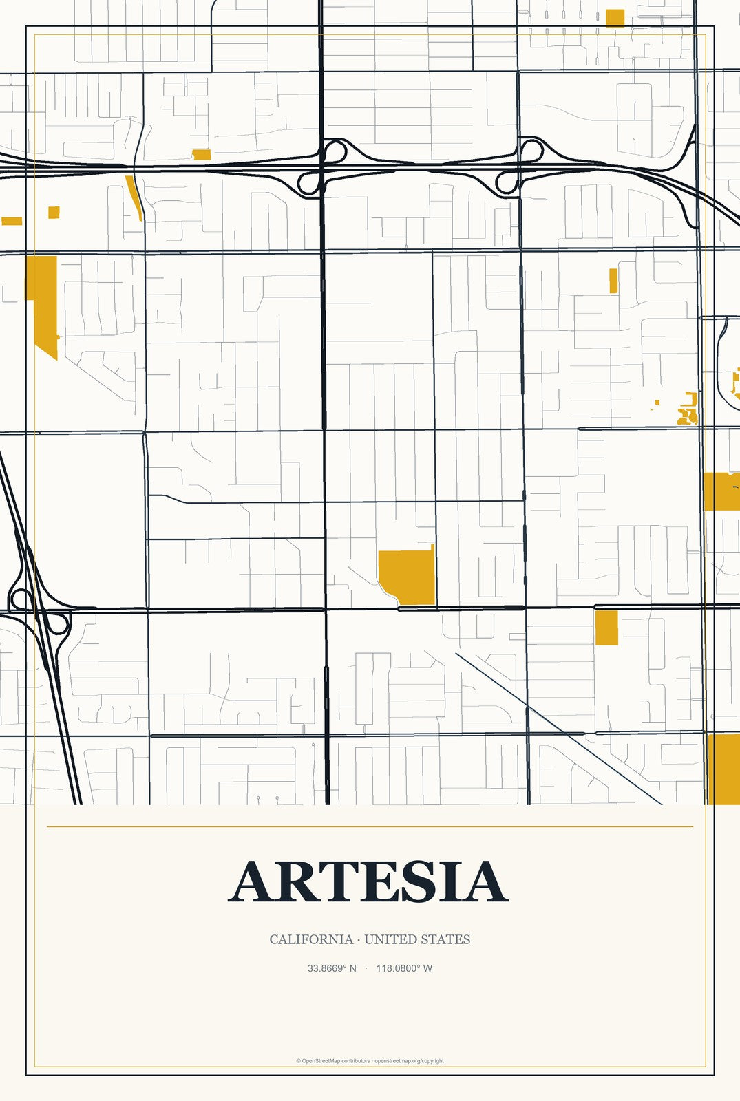 Artesia, California City Map Aluminum Sign in Citrine Modern style
