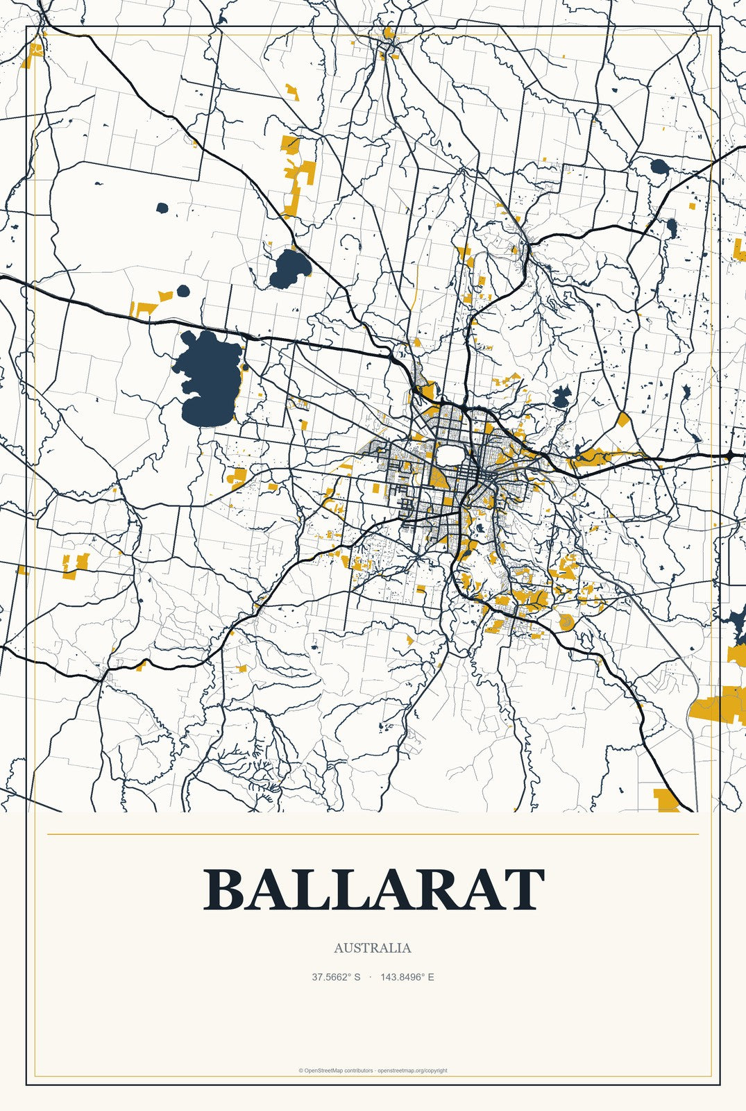 Ballarat, Australia City Map Aluminum Sign in Citrine Modern style