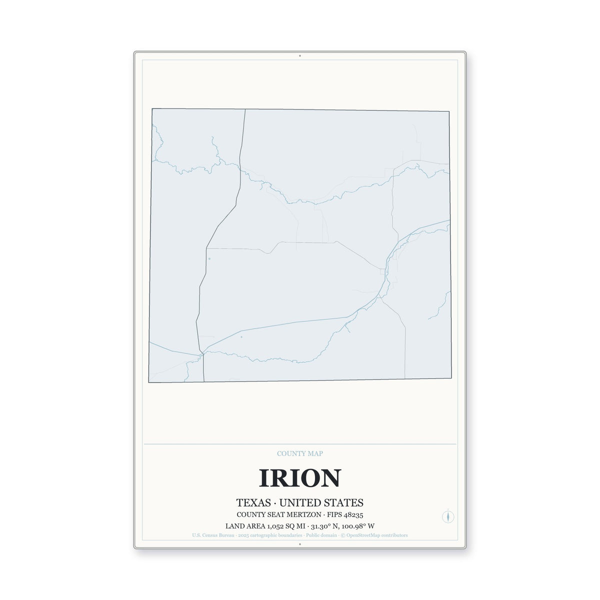Irion County, Texas Map Aluminum Sign in Gallery Air style