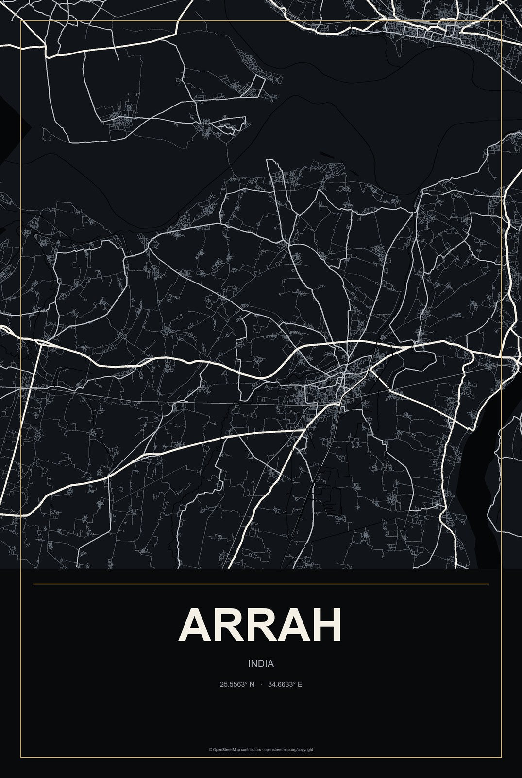 Arrah, India City Map Aluminum Sign in Metropolitan Noir style