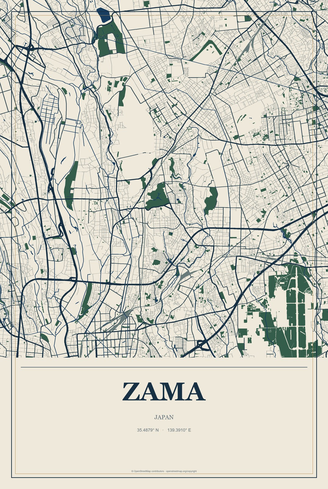 Zama, Japan City Map Aluminum Sign in Coastal Cutout style