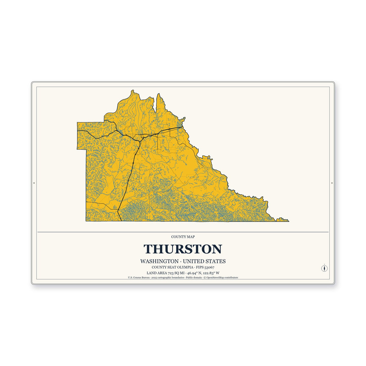 Thurston County, Washington Map Aluminum Sign in Citrine Modern style