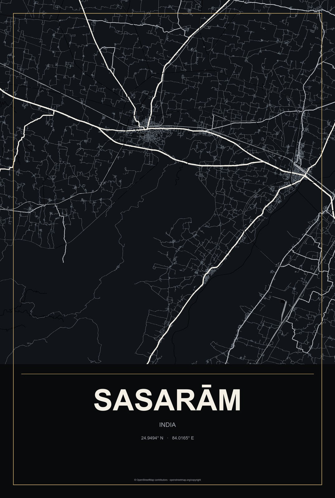 Sasarām, India City Map Aluminum Sign in Metropolitan Noir style