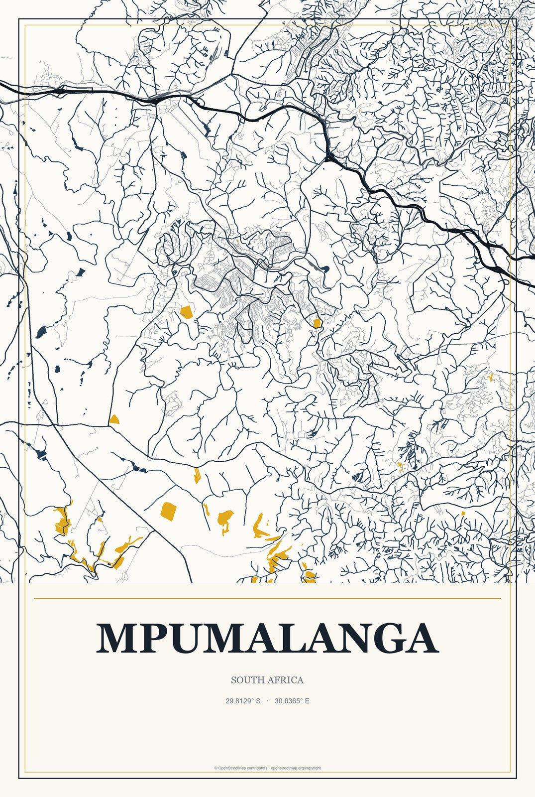 Mpumalanga, South Africa City Map Aluminum Sign in Citrine Modern style