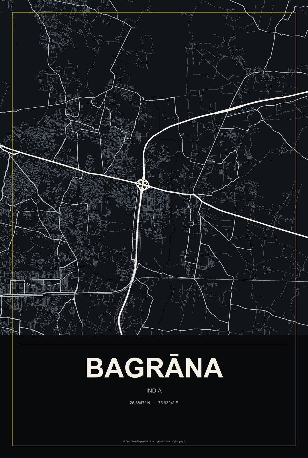 Bagrāna, India City Map Aluminum Sign in Metropolitan Noir style