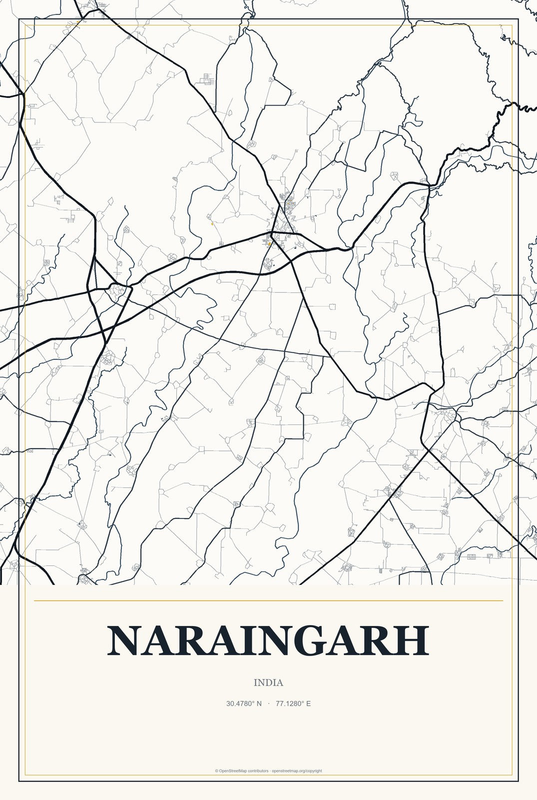 Naraingarh, India City Map Aluminum Sign in Citrine Modern style