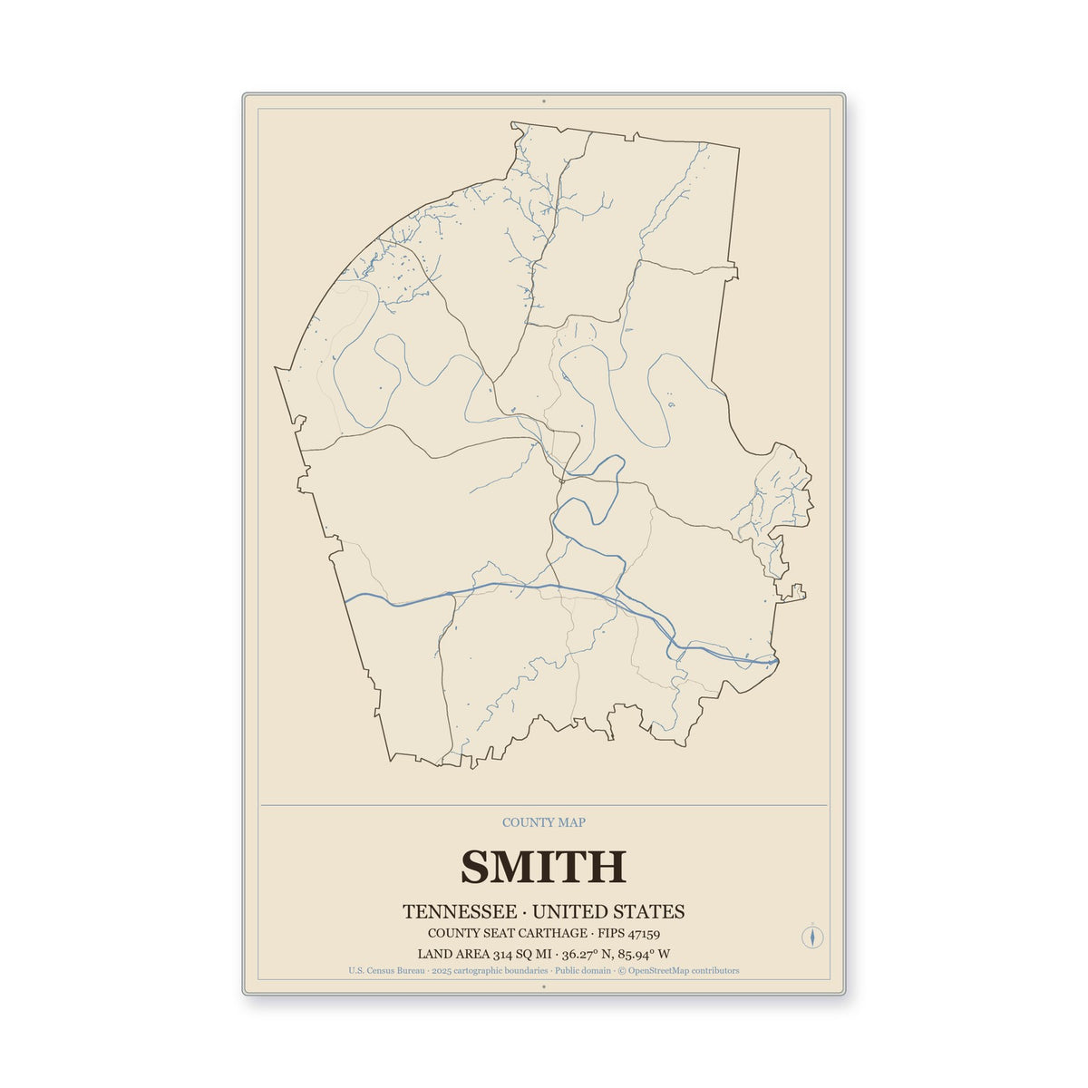 Smith County, Tennessee Map Aluminum Sign in Heritage Nautical style
