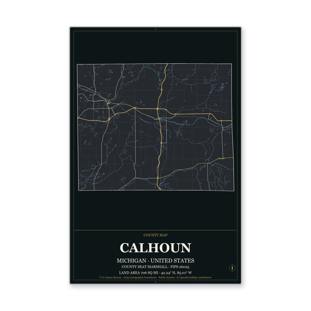 Calhoun County, Michigan Map Aluminum Sign in Metropolitan Noir style