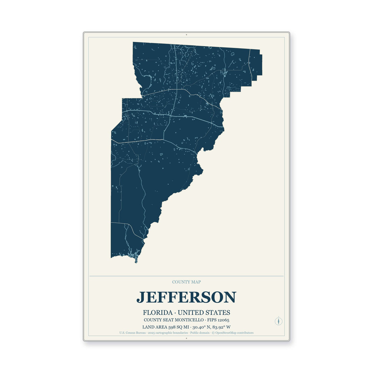 Jefferson County, Florida Map Aluminum Sign in Coastal Cutout style
