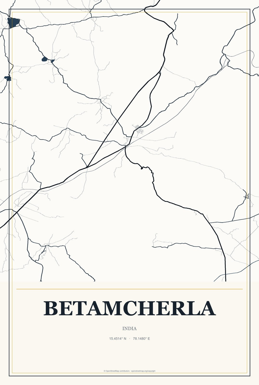 Betamcherla, India City Map Aluminum Sign in Citrine Modern style