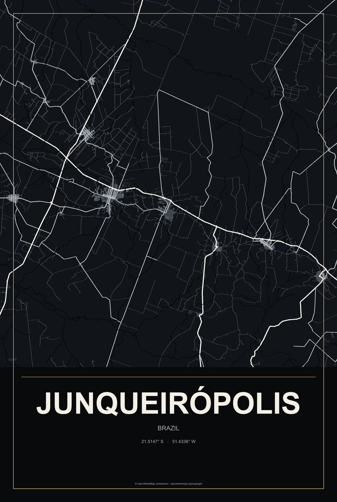 Junqueirópolis, Brazil City Map Aluminum Sign in Metropolitan Noir style
