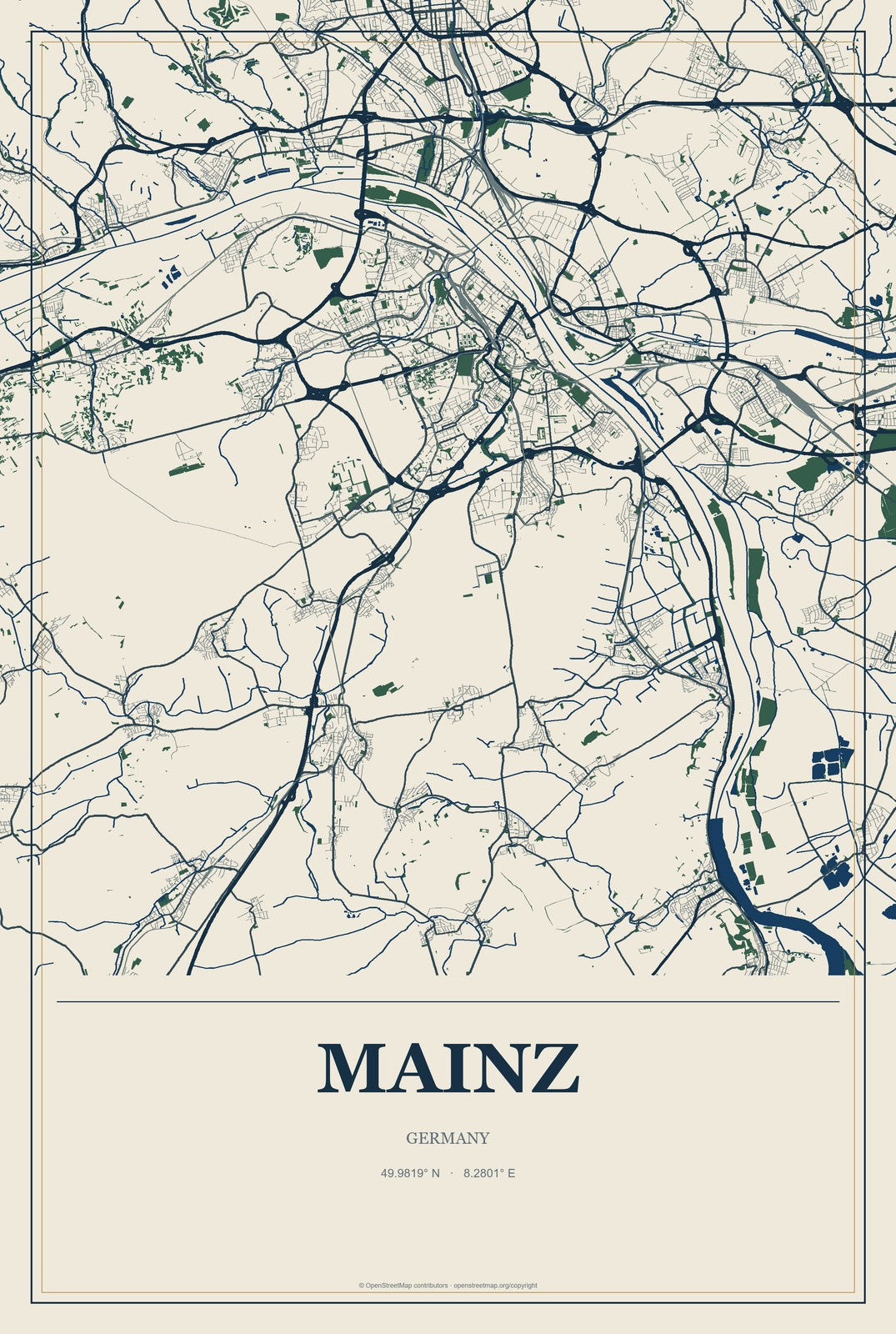 Mainz, Germany City Map Aluminum Sign in Coastal Cutout style