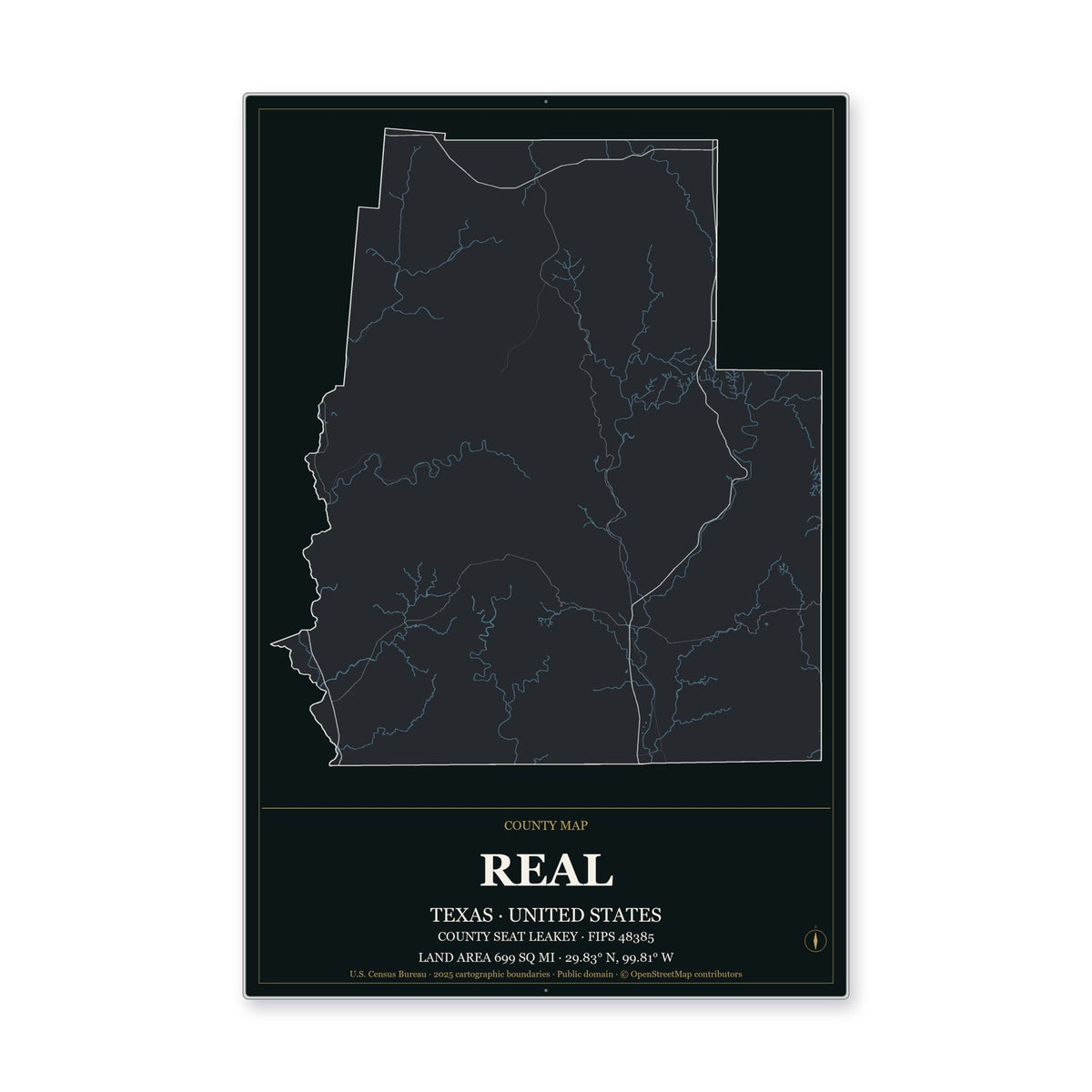 Real County, Texas Map Aluminum Sign in Metropolitan Noir style