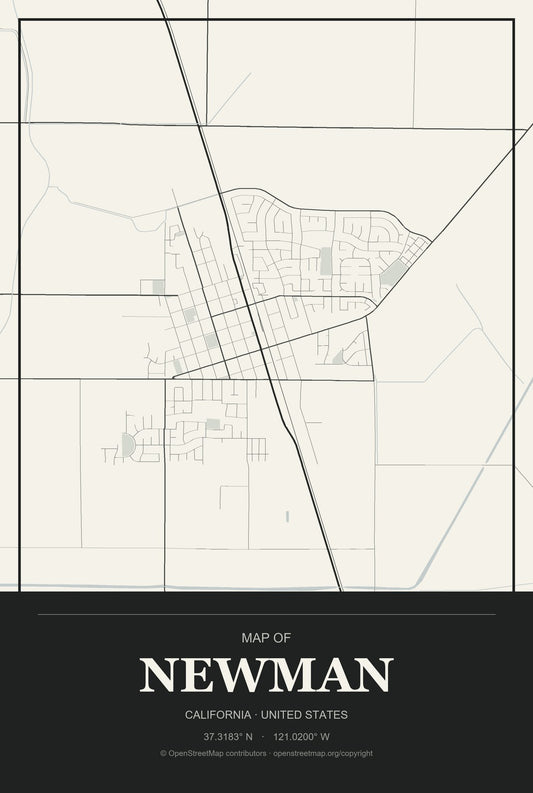 Newman, California City Map Aluminum Sign in Museum Plaque style