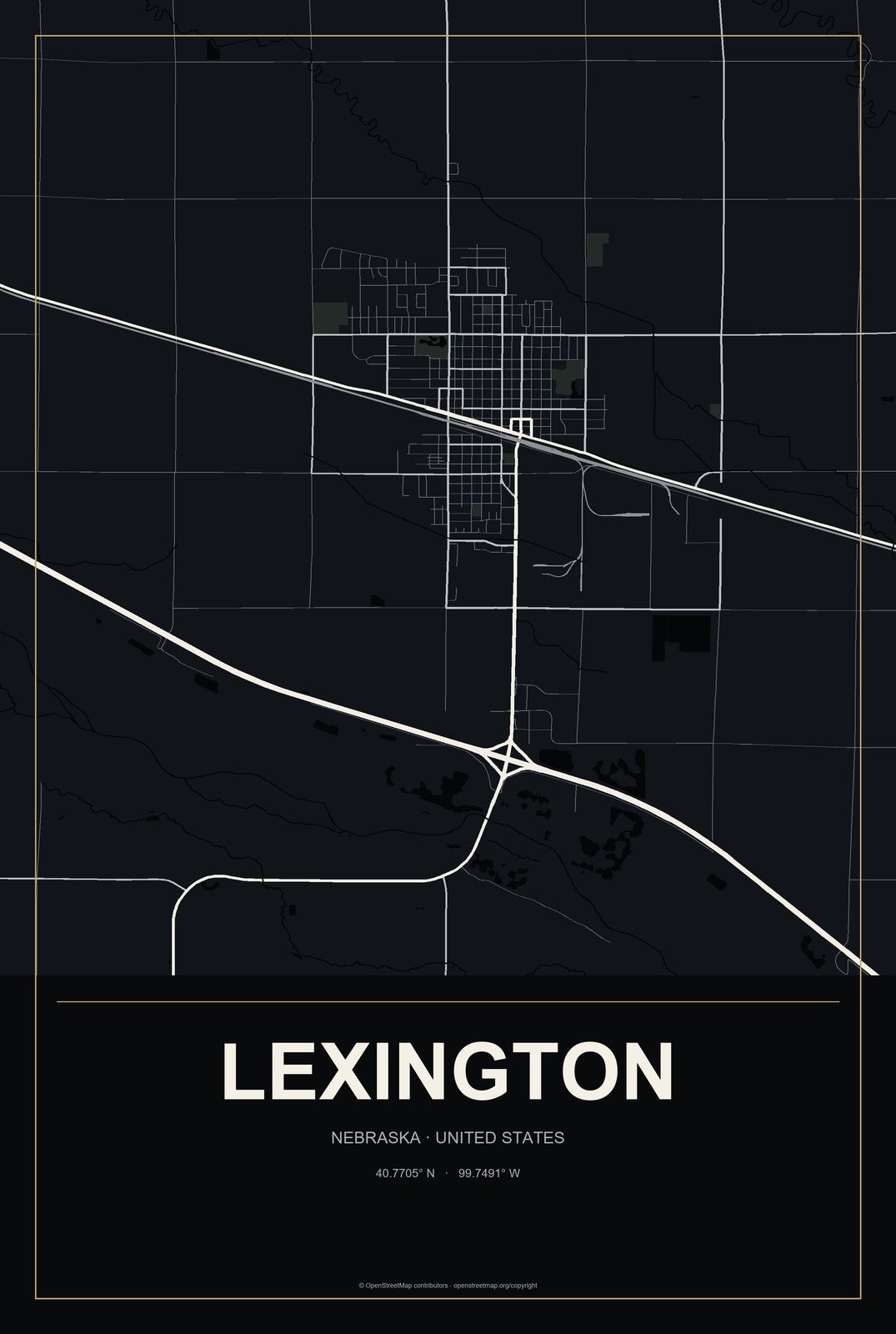 Lexington, Nebraska City Map Aluminum Sign in Metropolitan Noir style