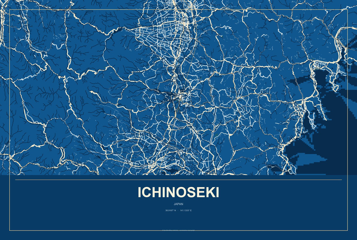 Ichinoseki, Japan City Map Aluminum Sign in Harbor Cobalt style
