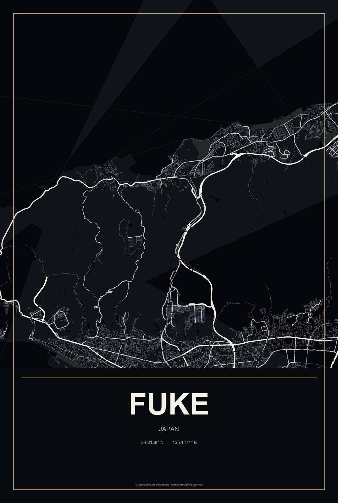Fuke, Japan City Map Aluminum Sign in Metropolitan Noir style