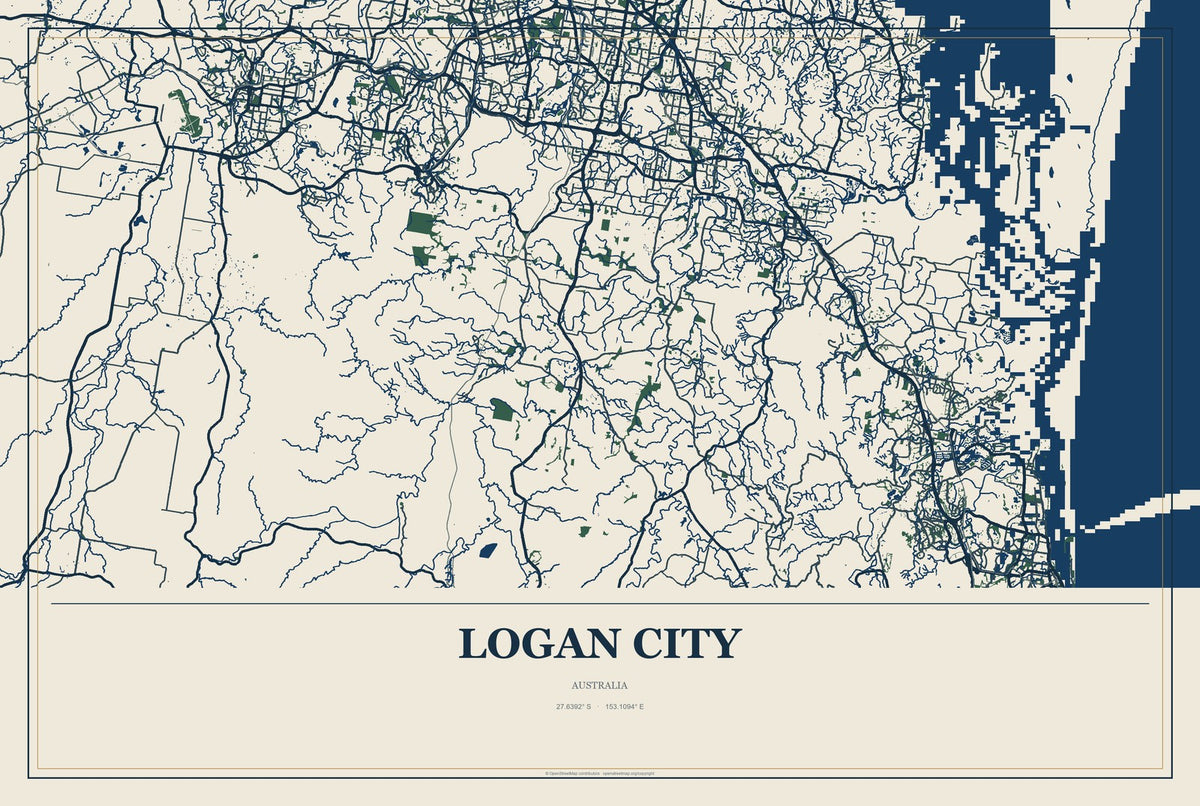 Logan City, Australia City Map Aluminum Sign in Coastal Cutout style