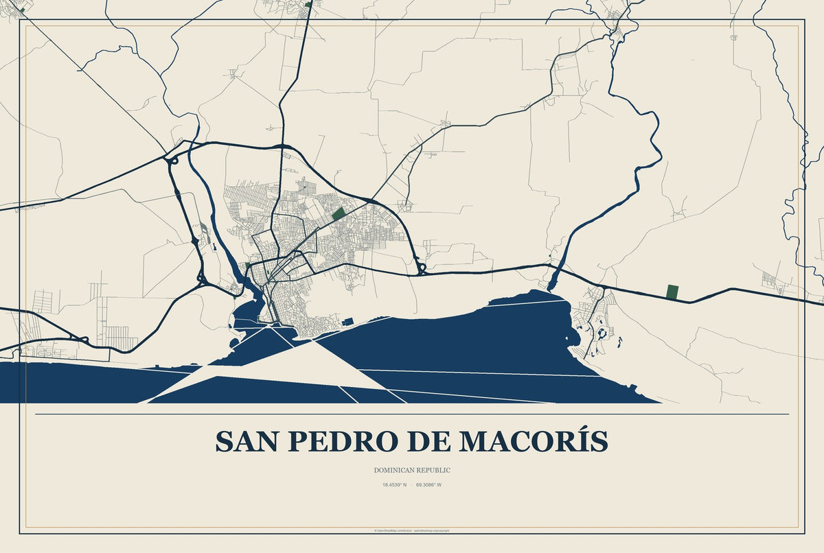 San Pedro de Macorís, Dominican Republic City Map Aluminum Sign in Coastal Cutout style