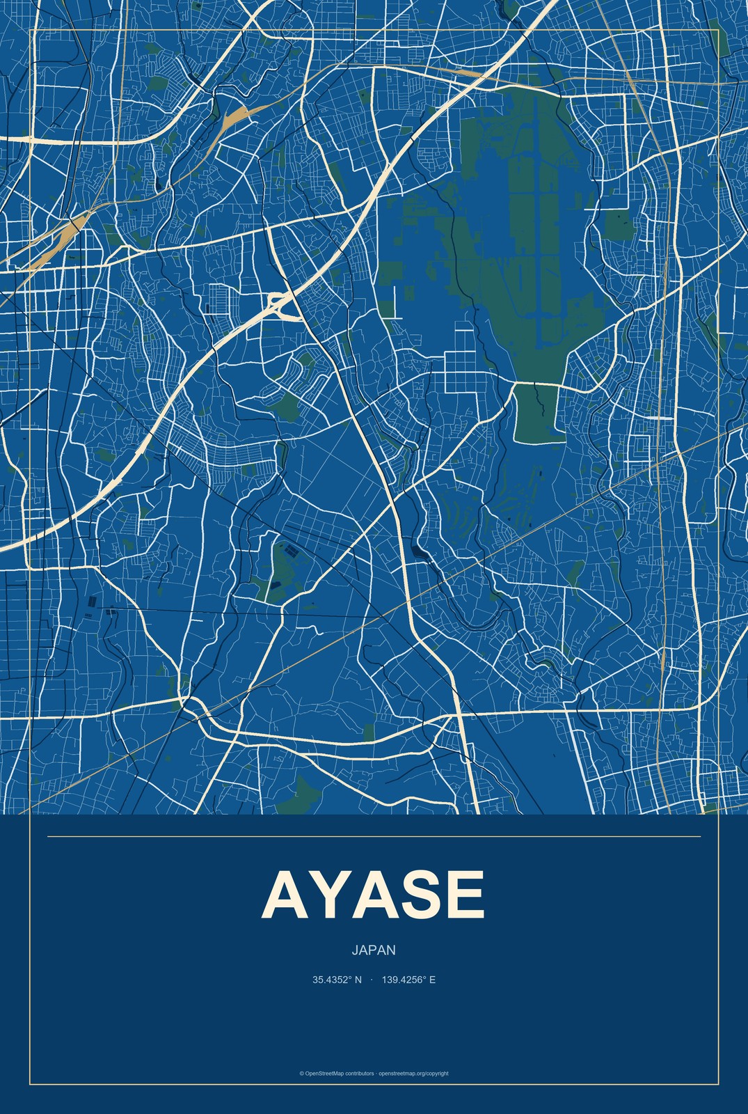 Ayase, Japan City Map Aluminum Sign in Harbor Cobalt style