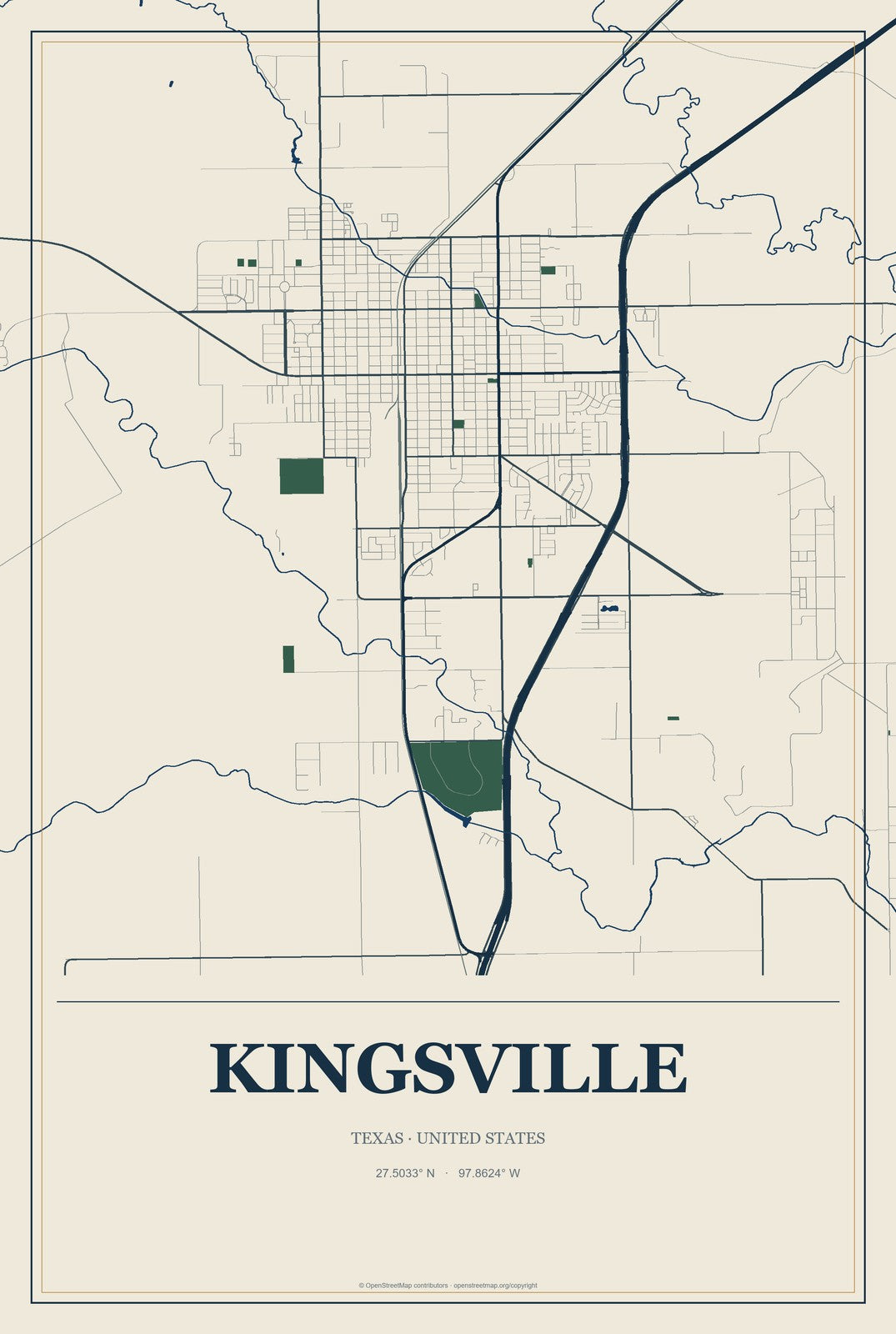 Kingsville, Texas City Map Aluminum Sign in Coastal Cutout style