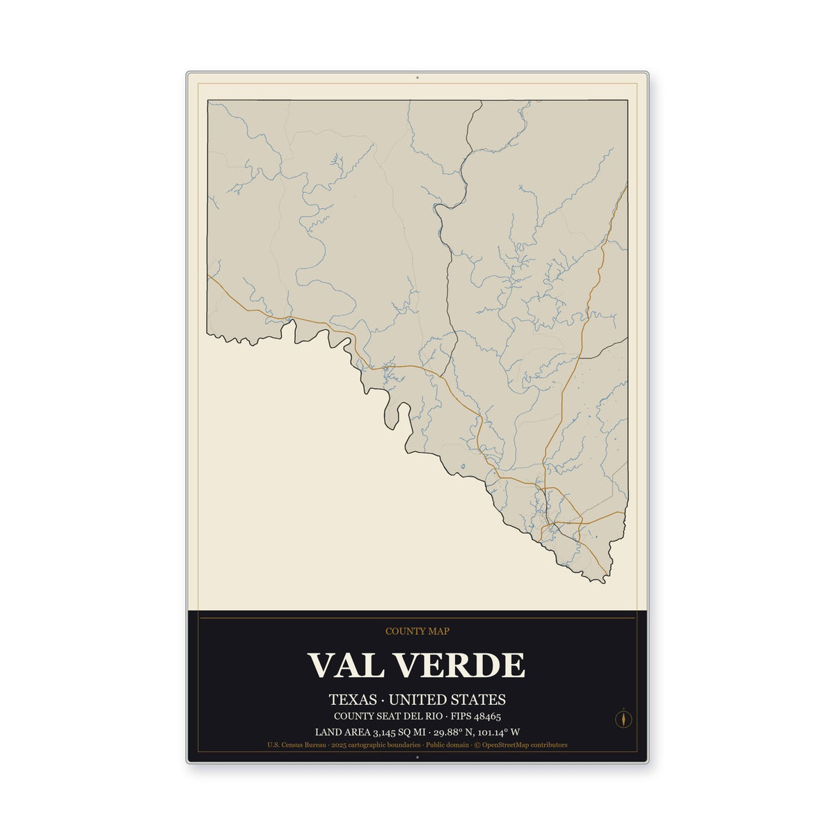 Val Verde County, Texas Map Aluminum Sign in Museum Plaque style