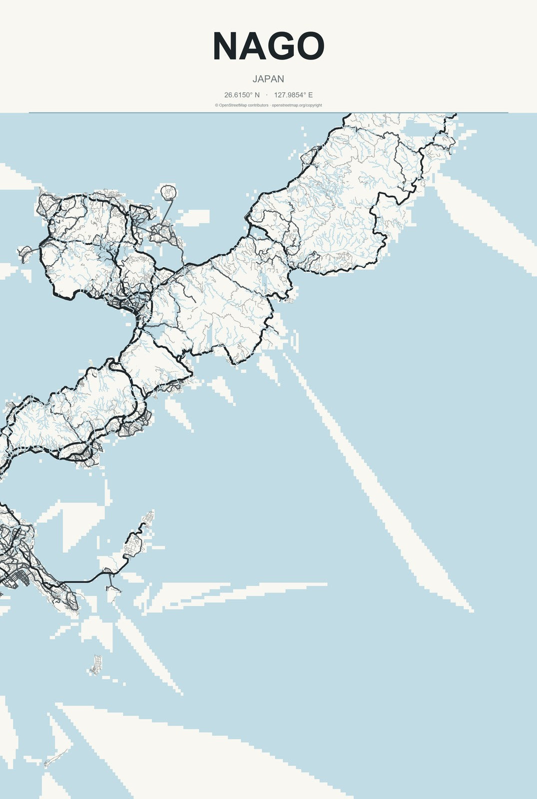 Nago, Japan City Map Aluminum Sign in Headline Atlas style