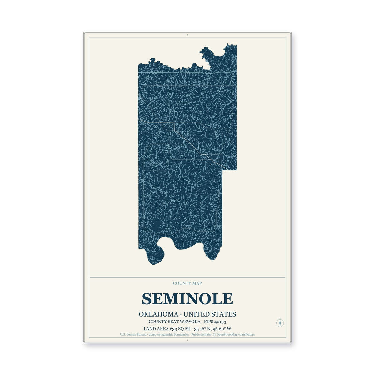 Seminole County, Oklahoma Map Aluminum Sign in Coastal Cutout style