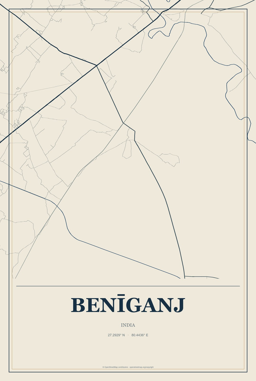 Benīganj, India City Map Aluminum Sign in Coastal Cutout style
