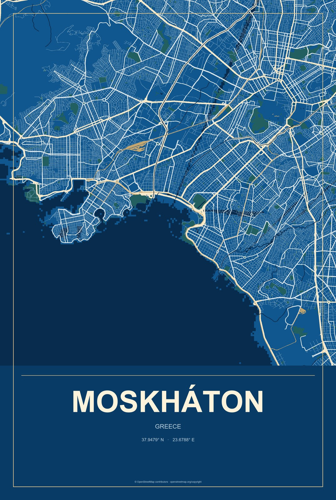 Moskháton, Greece City Map Aluminum Sign in Harbor Cobalt style