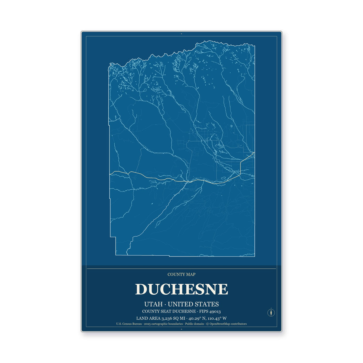 Duchesne County, Utah Map Aluminum Sign in Harbor Cobalt style