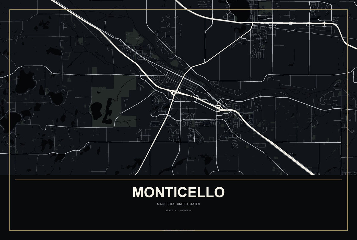 Monticello, Minnesota City Map Aluminum Sign in Metropolitan Noir style