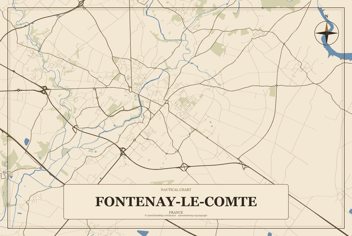Fontenay-le-Comte, France City Map Aluminum Sign in Heritage Nautical style