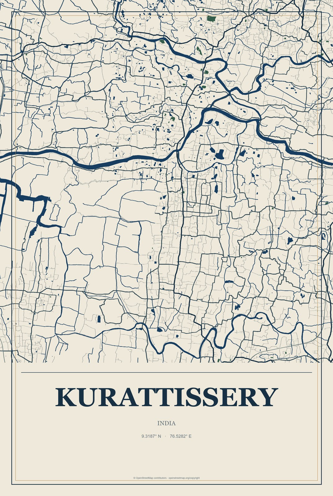 Kurattissery, India City Map Aluminum Sign in Coastal Cutout style