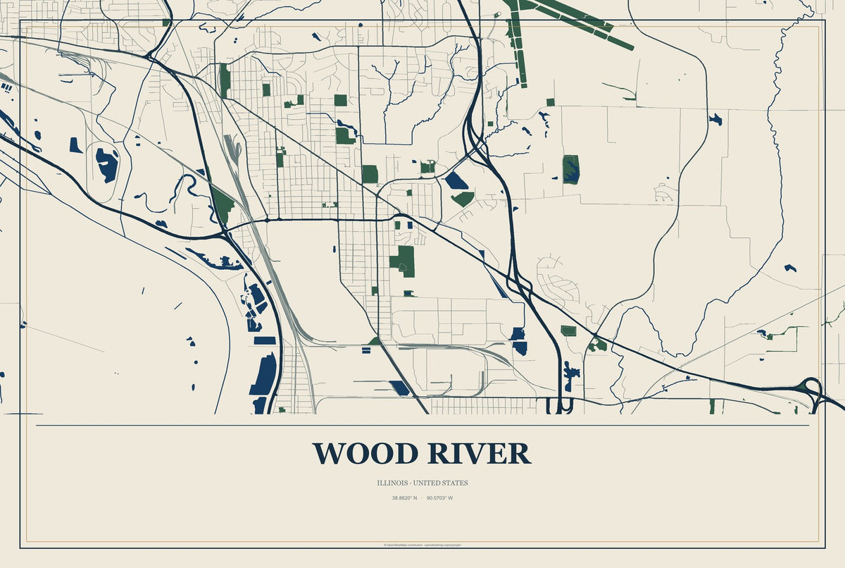 Wood River, Illinois City Map Aluminum Sign in Coastal Cutout style