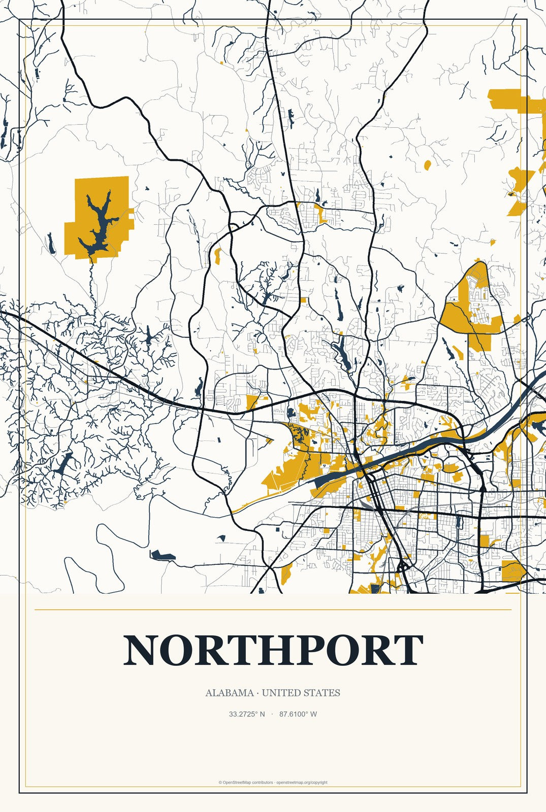 Northport, Alabama City Map Aluminum Sign in Citrine Modern style