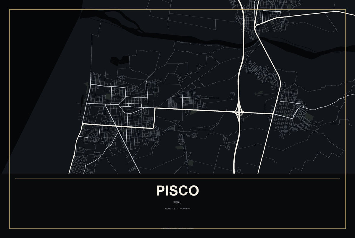 Pisco, Peru City Map Aluminum Sign in Metropolitan Noir style
