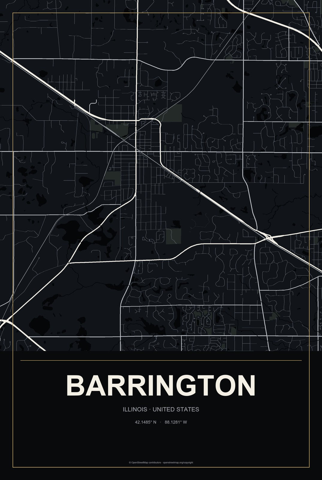 Barrington, Illinois City Map Aluminum Sign in Metropolitan Noir style