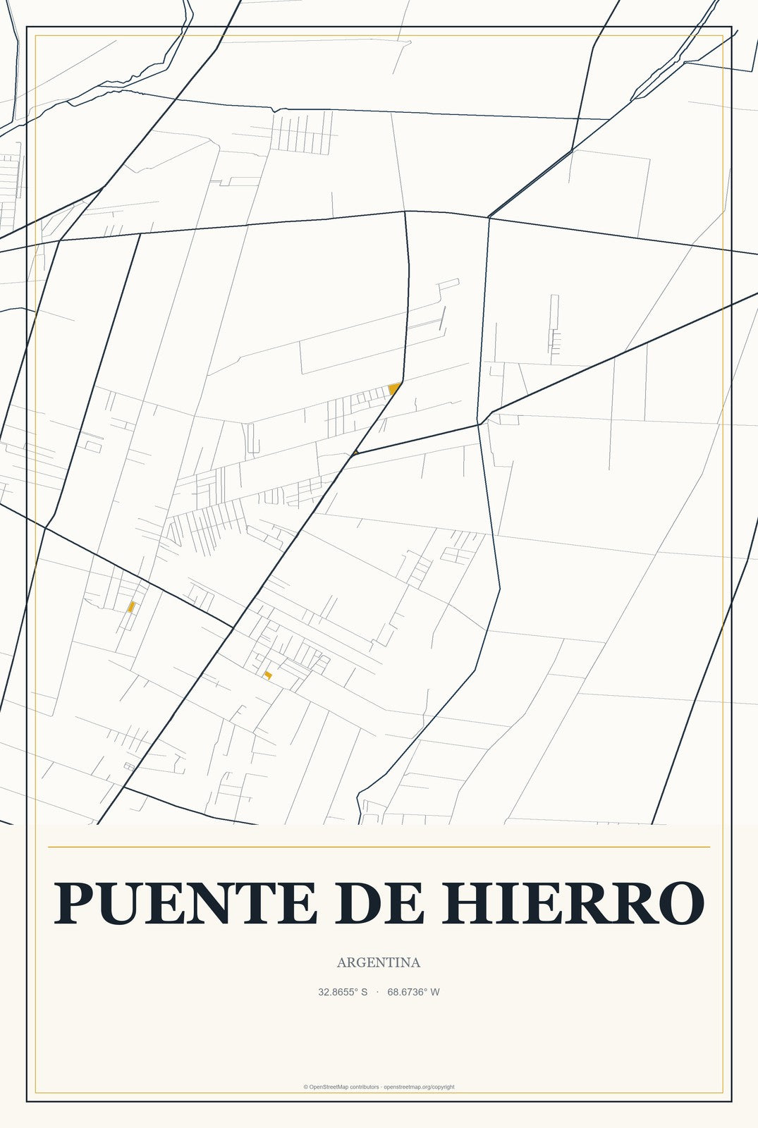 Puente de Hierro, Argentina City Map Aluminum Sign in Citrine Modern style