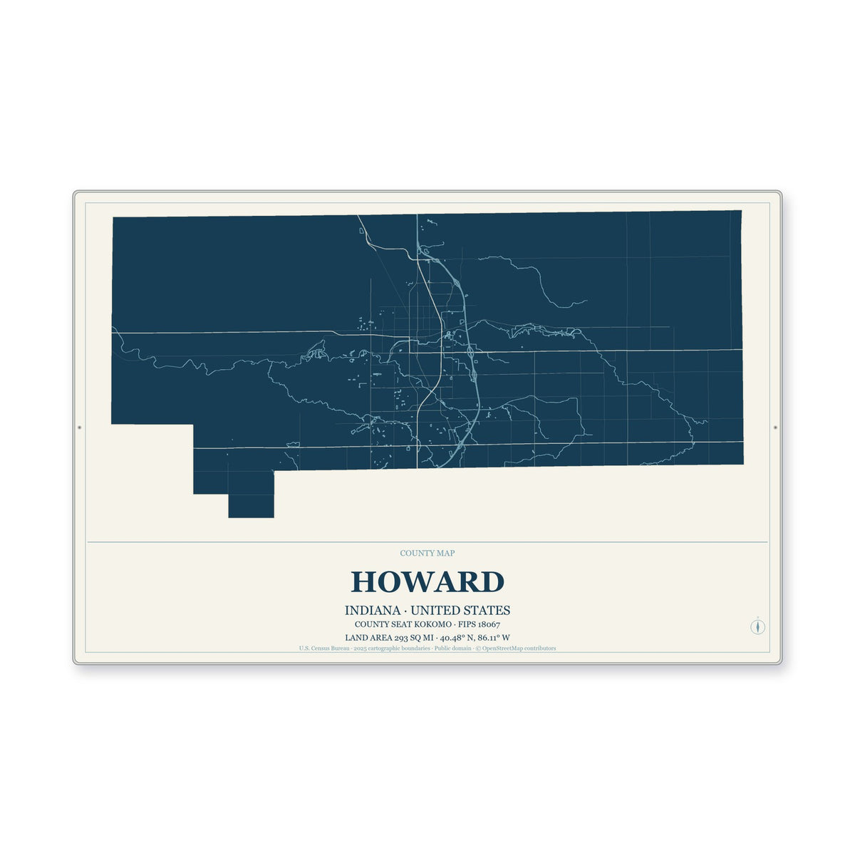 Howard County, Indiana Map Aluminum Sign in Coastal Cutout style