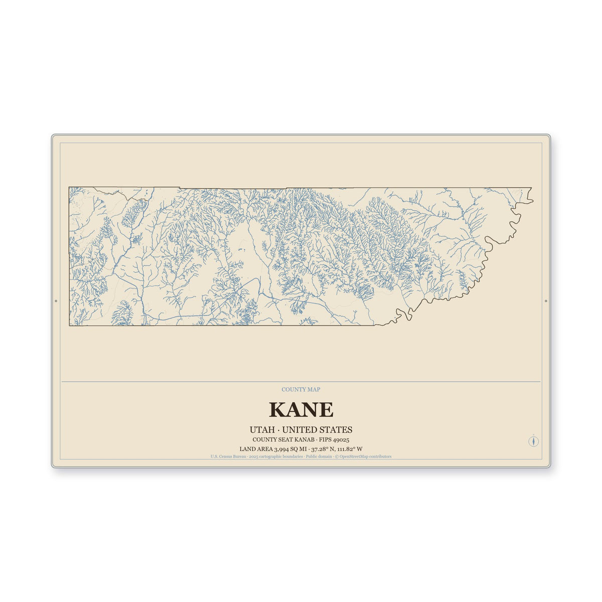 Kane County, Utah Map Aluminum Sign in Heritage Nautical style