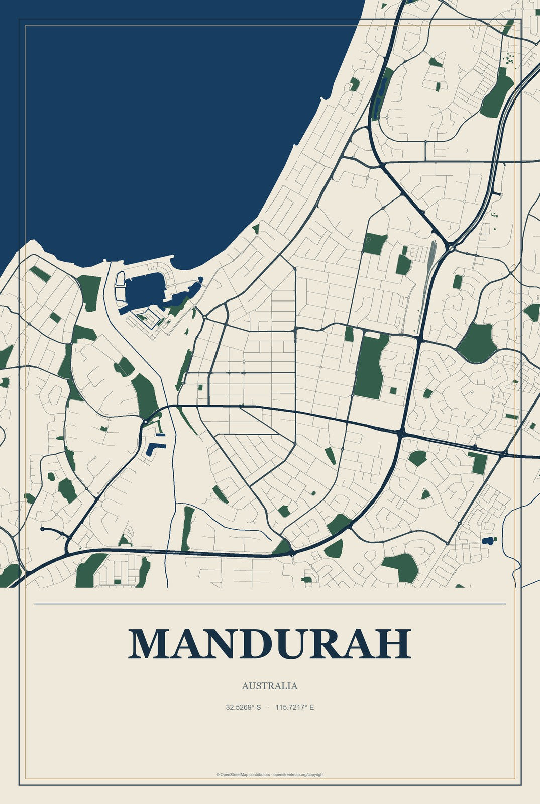 Mandurah, Australia City Map Aluminum Sign in Coastal Cutout style