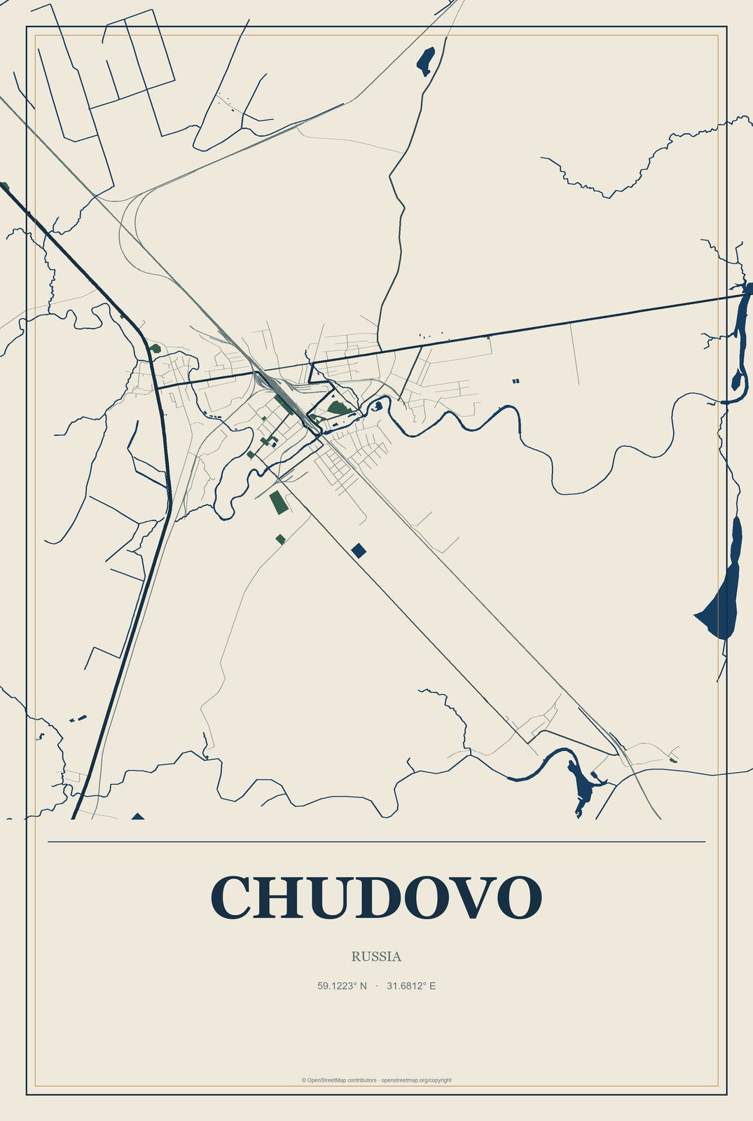 Chudovo, Russia City Map Aluminum Sign in Coastal Cutout style