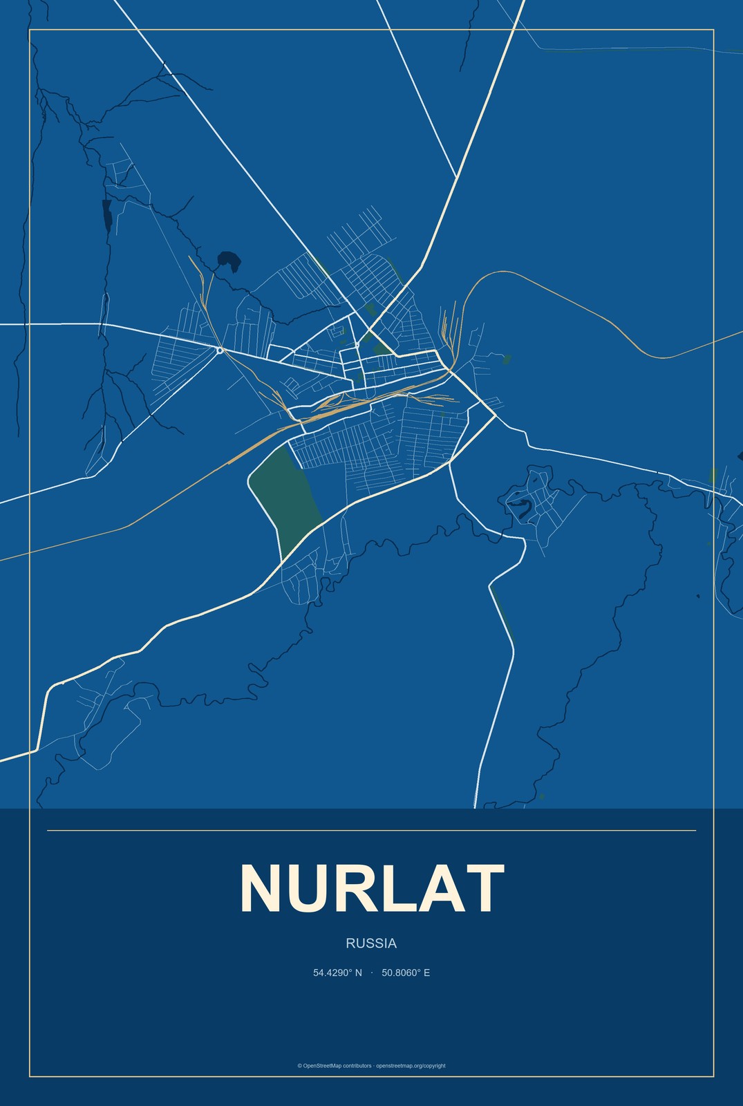 Nurlat, Russia City Map Aluminum Sign in Harbor Cobalt style