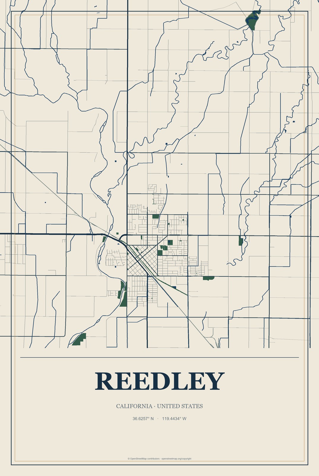 Reedley, California City Map Aluminum Sign in Coastal Cutout style